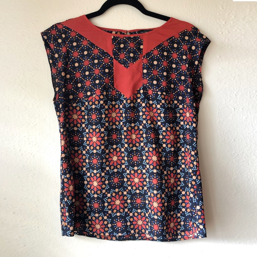 Blue and Orange Geometric Patterned Blouse